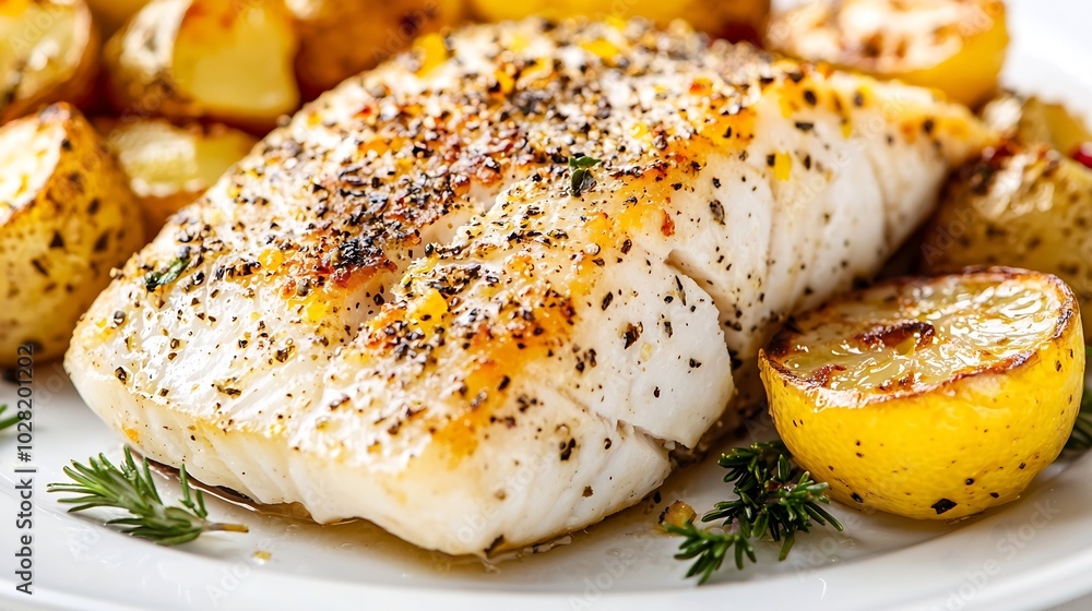 Aufkleber Roasted cod codfish with baked potatoes and artichokes with lemon and herbs sauce on a white background Copy space : Generative AI