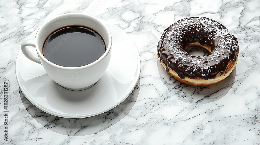 Aufkleber coffee with chocolate donut in marble table background top view : generative ai