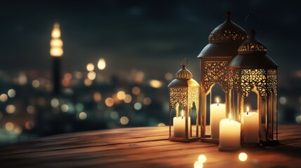 Obraz premium Golden Lanterns with City Lights