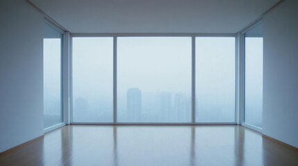 Fototapeta premium A spacious, modern room with large windows offers stunning view of foggy city skyline. minimalist design and natural light create serene atmosphere, perfect for relaxation