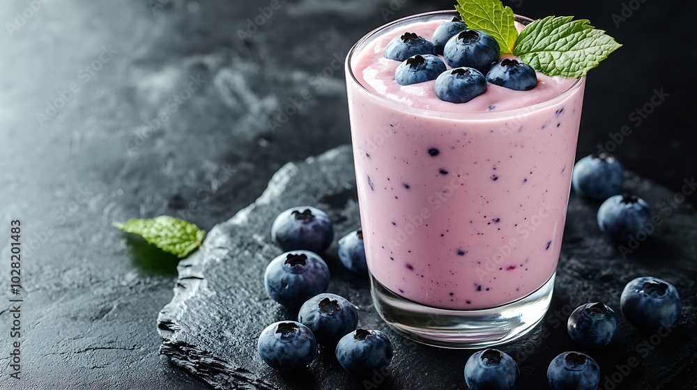 Poster Berry smoothie with fresh blueberries on a black stone background Copy space : Generative AI