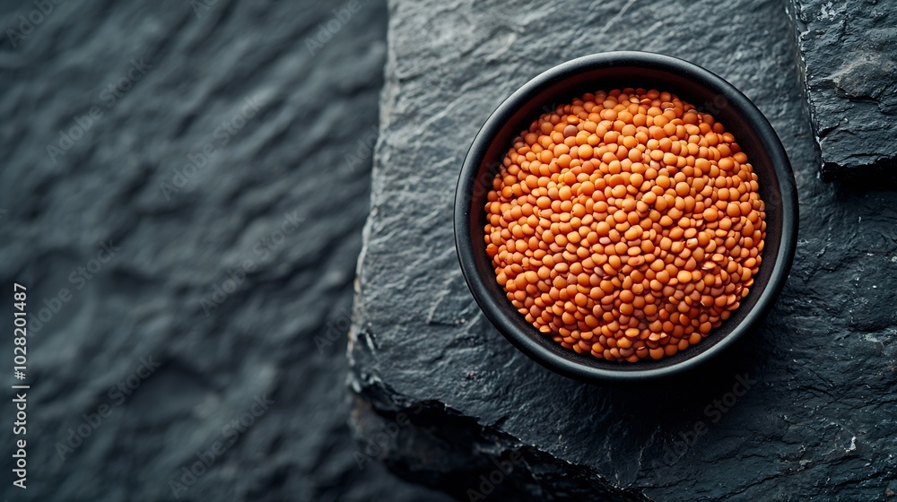 Poster red lentil in a black bowl on grey stone background top view copy space : generative ai