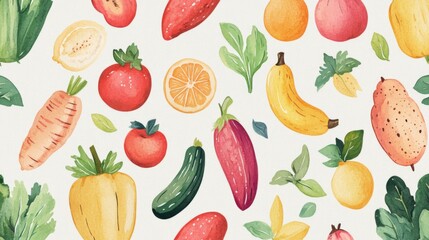 Watercolor Painting of Assorted Fruits and Vegetables