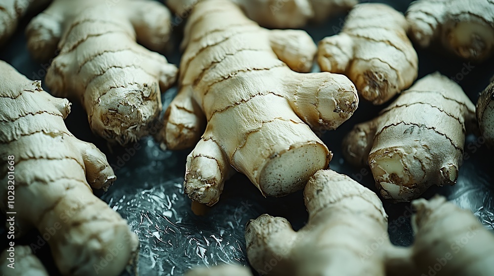 Poster fresh ginger root dark background close up top view : generative ai