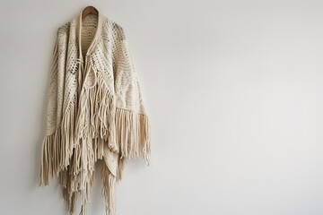A white shawl with fringes hanging off of it