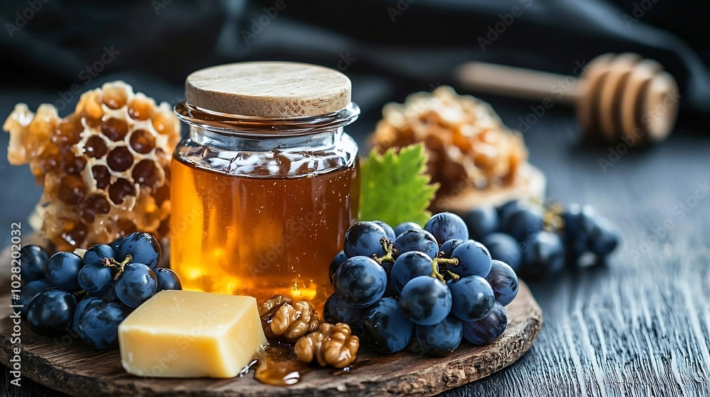 Poster cheese plate with honey nuts and grape on a wooden background : generative ai