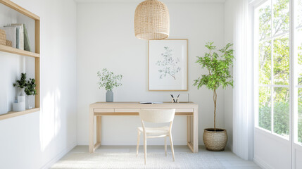 Fototapeta premium A serene and modern home office featuring light wooden desk, comfortable chair, and natural decor elements like plants and artwork. bright space is inviting and perfect for productivity
