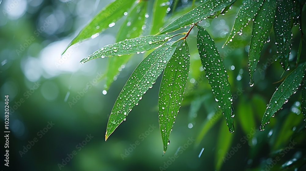 Poster Bamboo leaves with rain drops blurred background Copy space : Generative AI