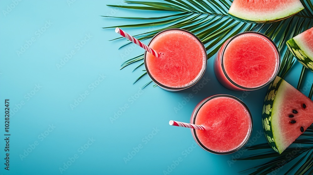 Aufkleber fresh watermelon juice smoothie on blue background with palm leaf top view : generative ai