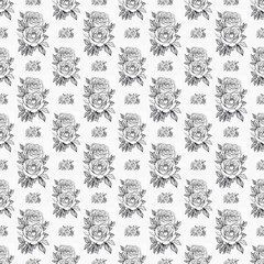 seamless pattern of white roses and roses. seamless pattern with hand drawn flowers, leaves and branches.