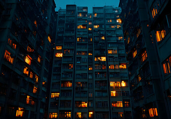 Cityscape at Night with Illuminated Windows.