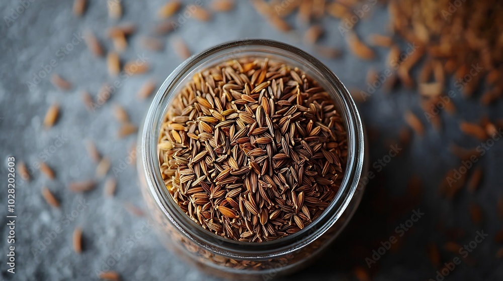 Poster Cumin seeds in a jar on grey stone background Top view Copy space : Generative AI