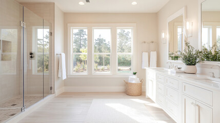 Fototapeta premium A modern bathroom featuring spacious shower, large windows, and elegant fixtures. serene atmosphere is enhanced by natural light and greenery, creating relaxing space