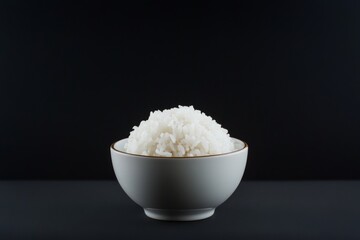 Bowl of cooked white rice on a dark background, perfect for culinary presentations.