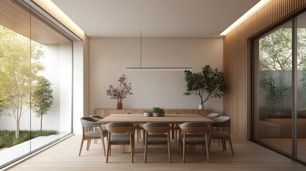 Fototapeta premium A modern dining room featuring large wooden table surrounded by stylish chairs, complemented by natural light from expansive glass windows. serene atmosphere is enhanced by indoor plants and minimalis