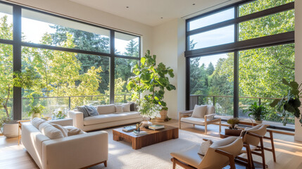 Fototapeta premium A bright and airy modern living room features large windows showcasing lush greenery outside. space is elegantly furnished with cozy sofa, stylish chairs, and central coffee table, creating serene atm