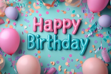 Colorful birthday celebration scene with balloons and confetti.