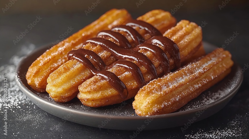 Poster churros dessert with chocolate sauce dip topping on plate gray background close up : generative ai