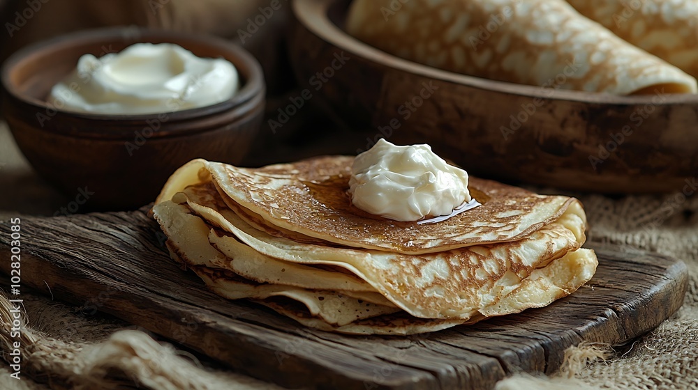 Poster Thin crepes or pancakes with butter honey and sour cream on a rustic textile background : Generative AI