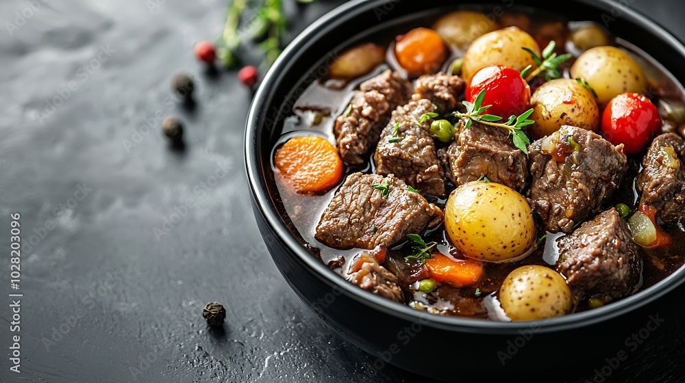 Poster beef meat and vegetables stew in black bowl with poasted baby potatoes dark background copy space : 