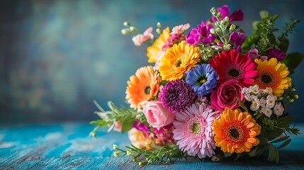 Colorful bouquet of flowers on turquoise wooden table Copy space : Generative AI