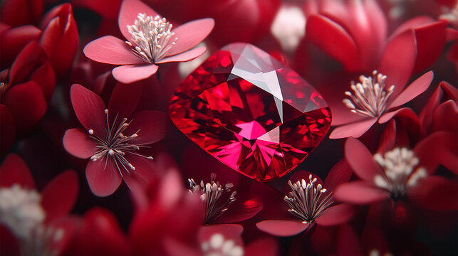 A radiant ruby gemstone with deep red hues surrounded