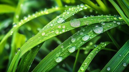 Dewdrops on Lush Green Blades of Grass