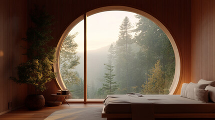 A serene bedroom with large circular window showcasing tranquil forest view. warm wooden interior creates cozy atmosphere, perfect for relaxation and peace