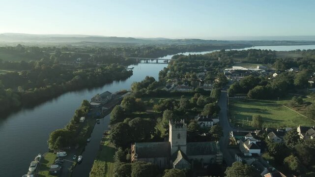 Aerial view of Killaloe tourist town by a river in County Limerick during a sunny day in Ireland
