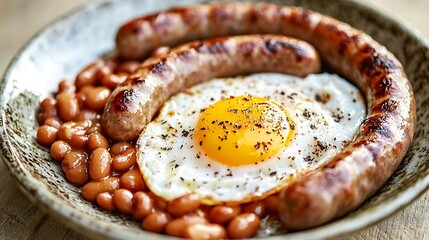 Fried egg with beans in tomato sauce bacon and grilled sausages with a cup of coffee and morning newspaper Traditional English breakfast : Generative AI