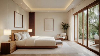 A serene and modern bedroom featuring large bed, wooden furniture, and ample natural light. room is designed with calming color palette and lush greenery visible through glass doors, creating peaceful
