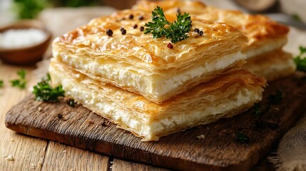 Traditional feta cheese phyllo pastry pie banitsa Wooden background Copy space : Generative AI