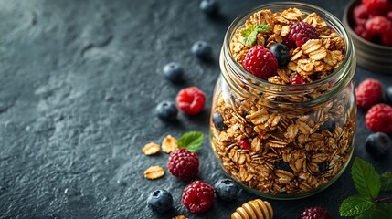 Healthy breakfast Fresh granola muesli with berries honey in a glass jar on a black stone background : Generative AI