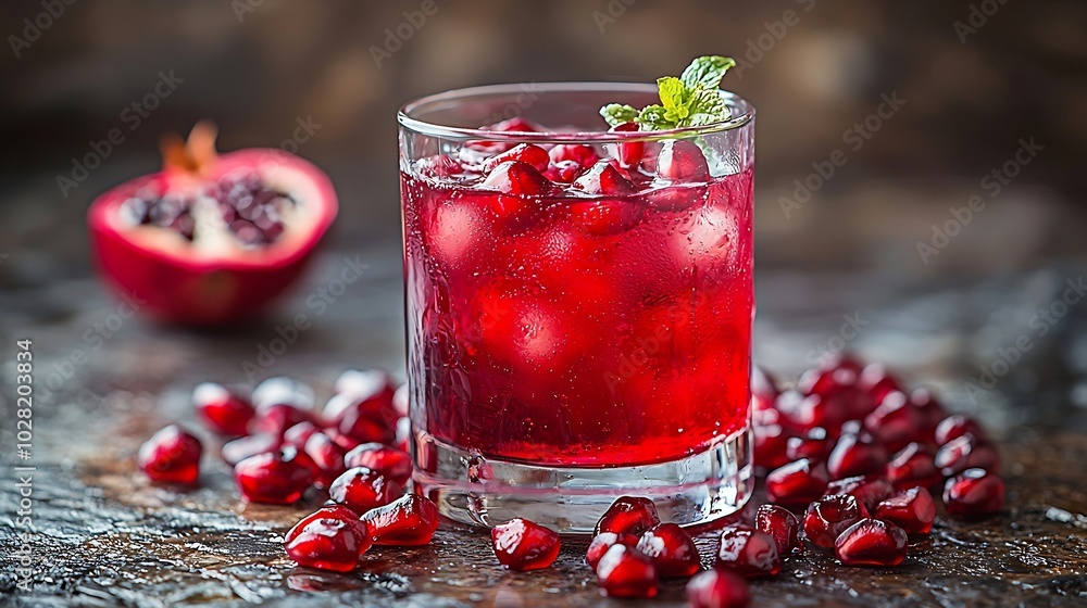Aufkleber pomegranate juice in a glass stone background : generative ai