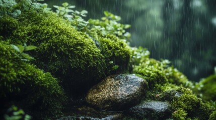 Lush Green Mossy Rocks Under Rain