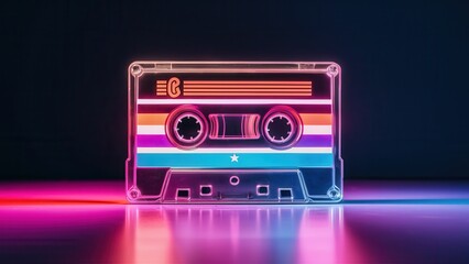 Neon pink cassette tape with rainbow effect on purple-to-pink gradient background