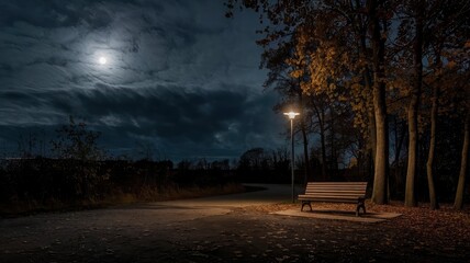 Fototapeta premium A bench is sitting under a full moon.