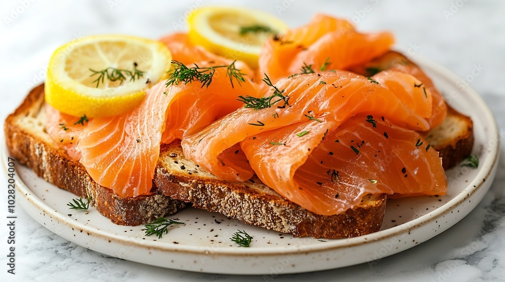 Poster sandwich toast with smoked salmon and cream cheese on white plate marble background close up : gener