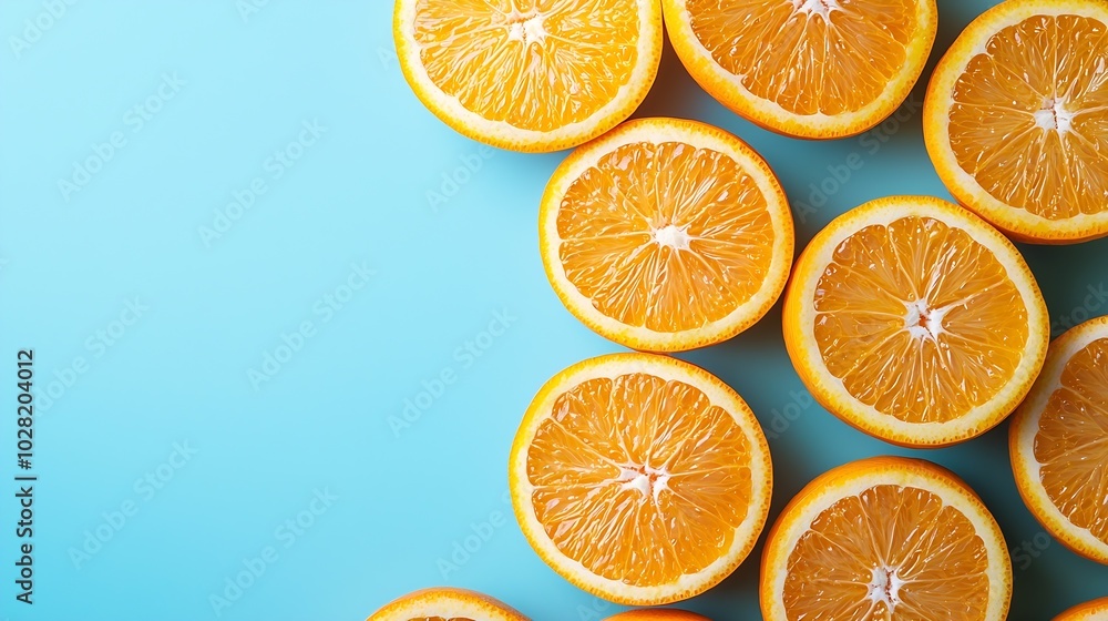 Poster fresh oranges on blue background top view : generative ai