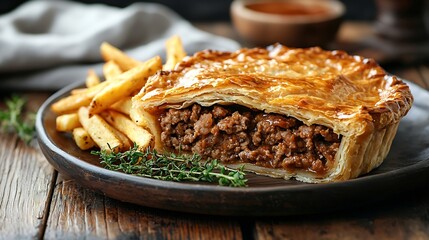 Meat pie with french fries on a plate Wooden background Close up : Generative AI