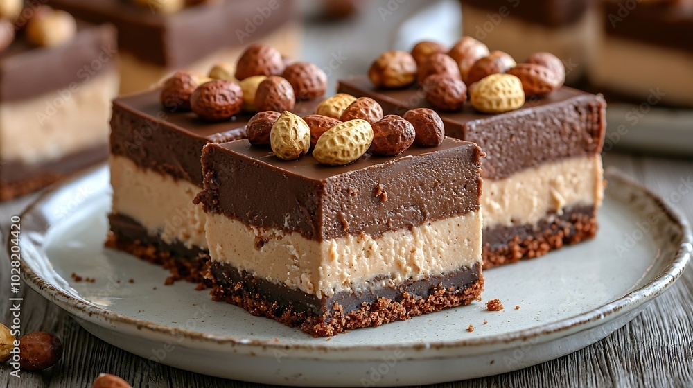 Poster chocolate caramel peanut cake snickers on a plate grey background copy space : generative ai