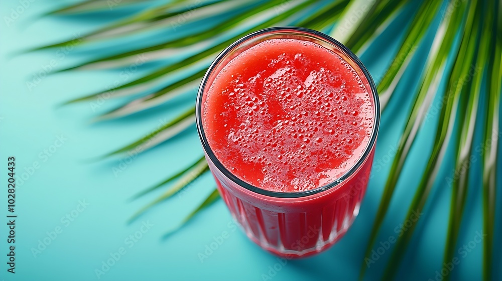 Aufkleber fresh watermelon juice smoothie on blue background with palm leaf top view : generative ai