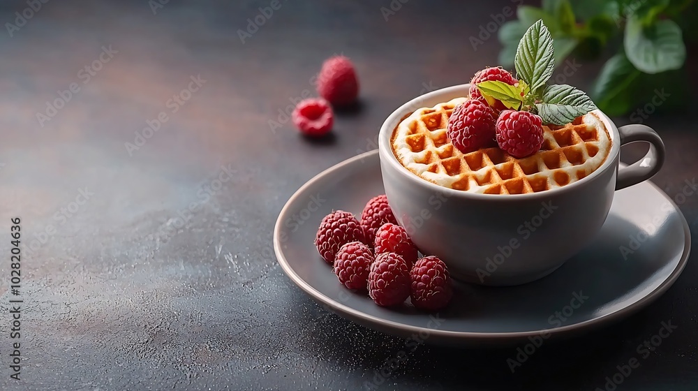 Poster Fresh waffles with cup of coffee and raspberry Grey background Top view : Generative AI