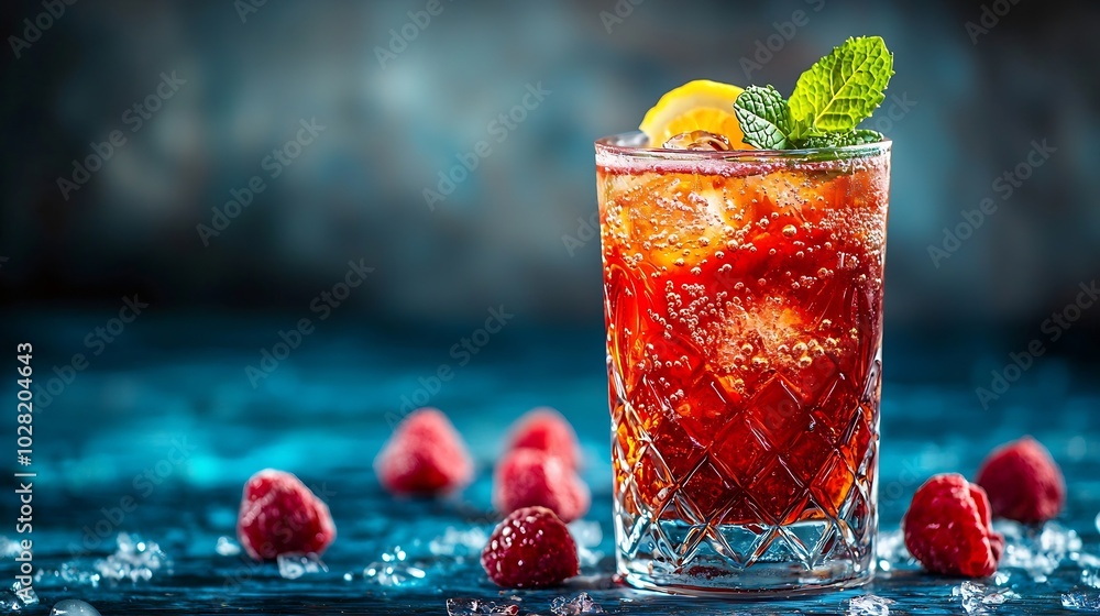 Poster Raspberry cocktail fizz lemonade ice tea with fresh mint on blue wooden background Close up Copy space : Generative AI