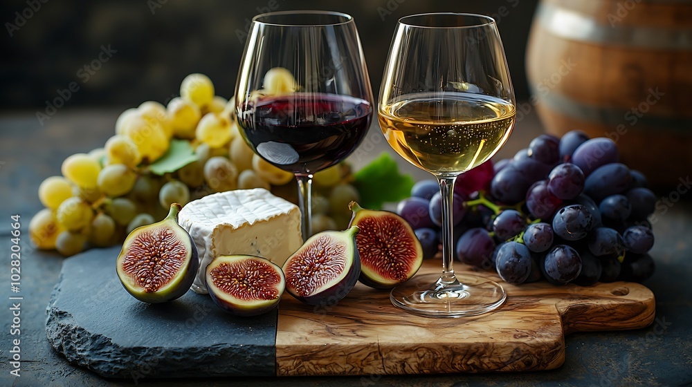Poster grape cheese figs and honey with a glasses of red and white wine on a stone and wood background : ge