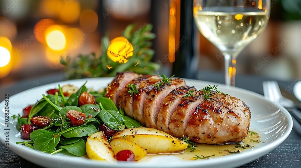 Poster pork tenderloin roasted with pear and onion on a white plate with glass of white wine and fresh spin