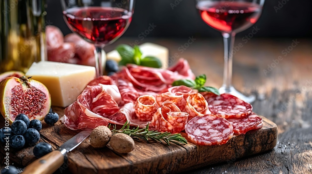Poster cheese and meat appetizers on cutting board with red wine on wooden background close up : generative