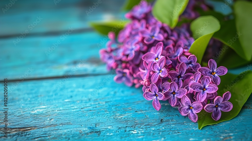 Poster bunch of lilac flowers on a turquoise background top view copy space : generative ai