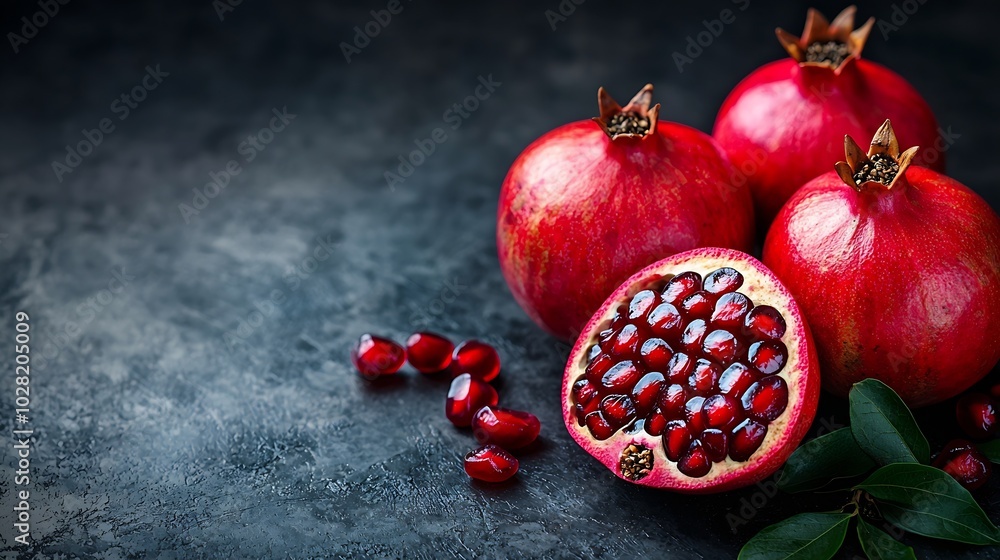 Poster pomegranates fruits with seeds dark grey background close up : generative ai