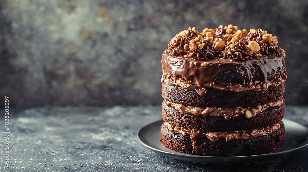 Aufkleber chocolate caramel peanut cake snickers on a plate grey background copy space : generative ai